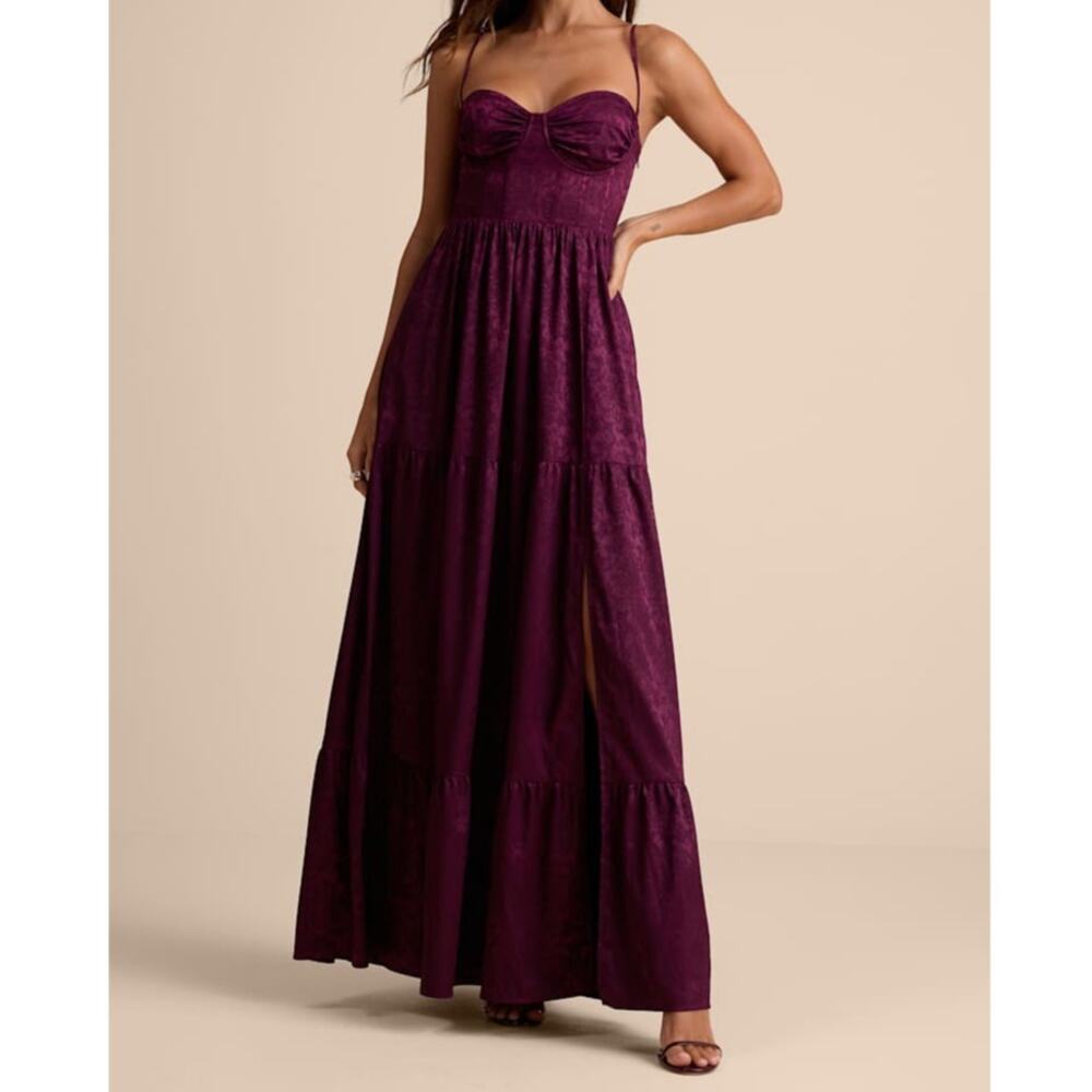 NEW Lulus Vasilia Plum Purple Satin Jacquard Full Tiered Corset Maxi Dress Small - Picture 2 of 11